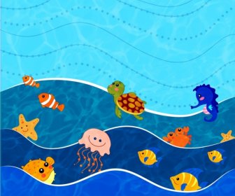 Ocean World Background Various Animals Icons Stylized Cartoon