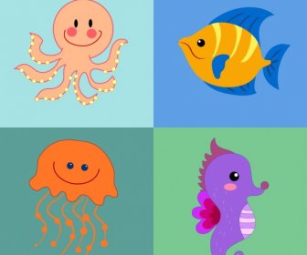 Jelly Fish Icone Originali Dei Cartoni Animati Di Polpo Cavalluccio Isolamento