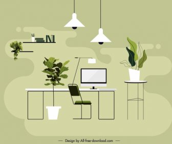 Office Space Background Colored Flat Sketch Modern Decor