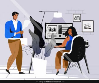 Büroarbeit Hintergrund Mitarbeiter Schreibtisch Skizze Cartoon-Design