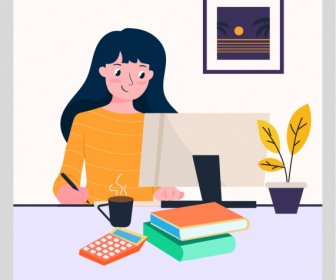 Office Work Background Young Lady Employee Cartoon Sketch