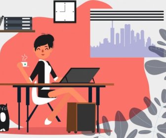 Office Work Painting Lady Laptop Icon Colored Cartoon