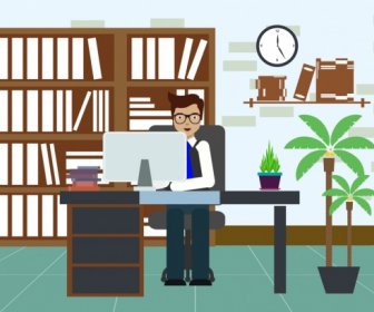 Office Workspace Decor Businessman Icon Colored Cartoon