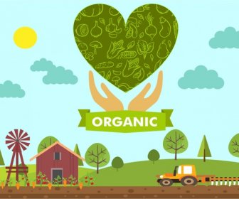 Ogranic Products Banner Symbol Elements Farm Heart Design