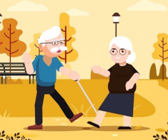 Old Age Background Couple Park Icons Cartoon Design