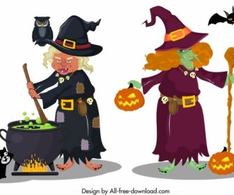 Old Horror Witch Icons Sketsa Karakter Kartun Berwarna