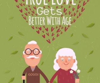 Old Love Banner Elderly Couple Icons Hearts Decoration