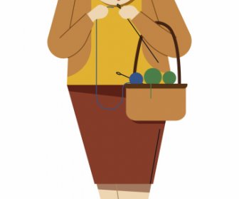 Old Woman Icon Knitting Job Sketch Cartoon Character