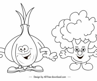 Onion Brocoli Icons Funny Stylized Handdrawn Sketch