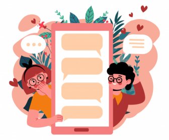 Online Dating Hintergrund Liebe Paar Sprechblasen Skizze