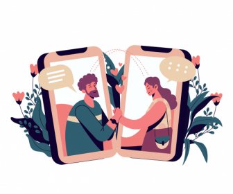 Online Dating Design Elements Phones Couple Communication Sketch
