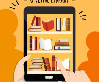 Online-Bibliothek Werbung Smartphone Bücherregal Hände Symbole