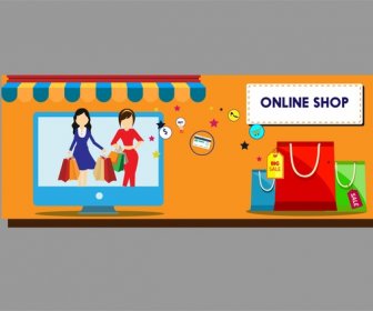 Online Shop Conceptual Design Computer Bags Women Illustration