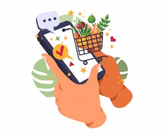 online shopping application icon smartphone hand trolley sketch