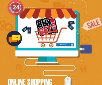 Online Shopping Background Computer Screen Trolley Icons Decor