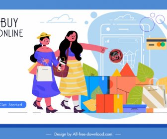 Online Shopping Banner Ladies Goods Icons Cartoon Sketch