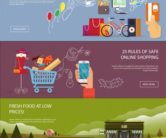 Online Shopping Banners With Various Colorful Flat Vector
