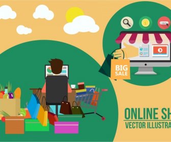Online Shopping Concept Male And Various Goods Illustration