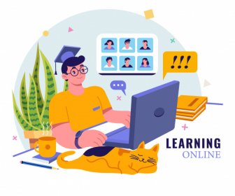 онлайн обучение баннер студент ноутбук эскиз мультфильм дизайн