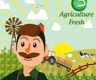 有机农产品的农民田间图标广告