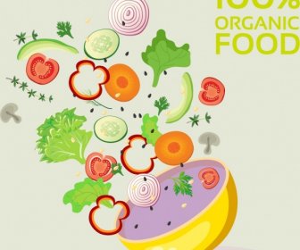 Organic Food Advertisement Ingredient Vegetables Bowl Icons Decor