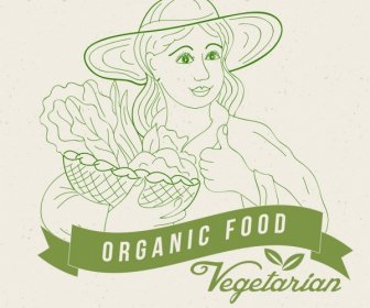 有機食品廣告女性圖標綠色素描
