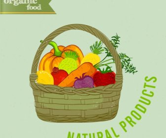 ícone De Cesta De Frutas De Publicidade Alimentos Orgânicos Projeto Multicolorido