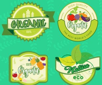 Colección De Iconos De Alimentos Organicos De Frutas Decoracion De Hojas De Etiquetas