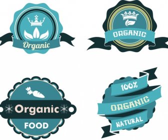 Organic Food Labels Collection Various Shapes In Blue