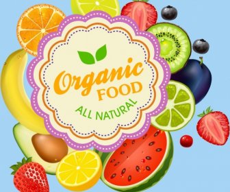 Promoção De Alimentos Orgânicos Banner Vários Símbolos Coloridos Brilhantes