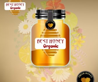 Organic Honey Advertisement Shiny Yellow Jar Flowers Icons
