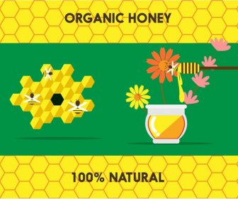 น้ำผึ้งอินทรีย์แบนเนอร์สัญลักษณ์องค์ประกอบบนพื้นรังผึ้ง