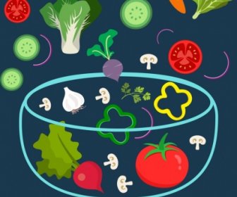 ícones De Bacia De Vegetal Fresco Salada Orgânica Propaganda