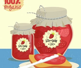 Organik Selai Strawberry Iklan Desain Retro Warna-warni
