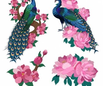 Oriental Painting Design Elements Peacocks Flowers Icons Sketch
