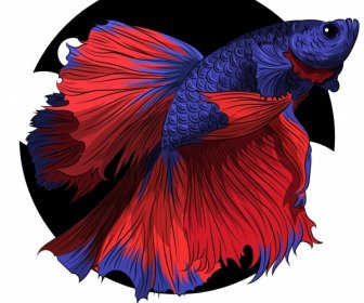 Ikon Ikan Hias Sketsa Ungu Merah Desain 3d