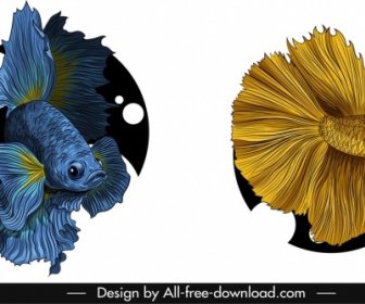 Ícones De Peixes Ornamentais Elegante Esboço Dourado Azul