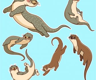 Otter Animals Icons Funny Sketch Handdrawn Cartoon