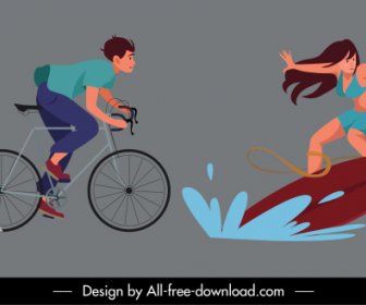 Outdoor Activities Icons Cycling Surfboard Sketch Dynamic Cartoon