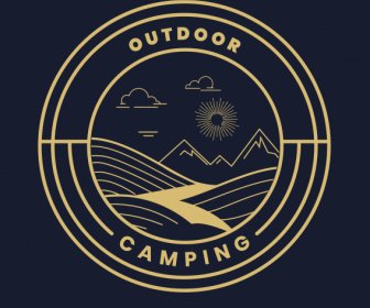 屋外キャンプロゴタイプ暗い平らな自然要素スケッチ