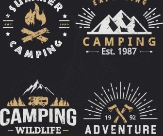 Icone Logotipi Di Fuoco Di Montagna Design Retrò Campeggio All'aperto