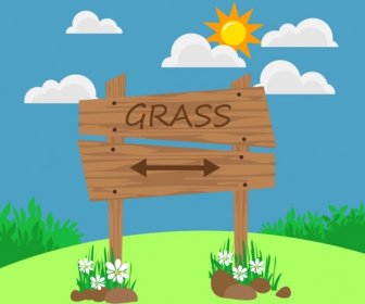 Outdoor Grass Hill Background Navigation Wooden Signboard Icon