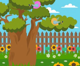 Outdoor Nature Background Bird Icons Colorful Cartoon Design