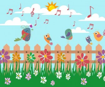 Outdoor Nature Background Singing Birds Grass Flora Icons
