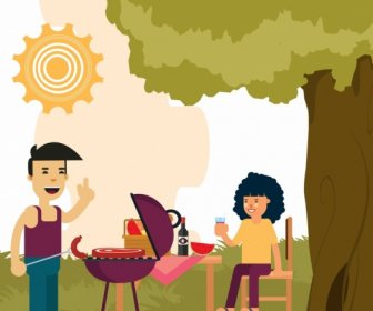 Outdoor Picnic Drawing Happy Couple Barbecue Colored Cartoon