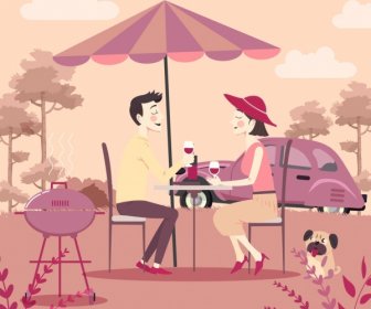 Picknick Im Freien, Romantisch Zu Zweit Symbole Farbige Karikatur Zeichnung