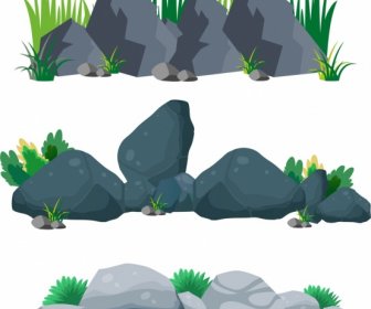Outdoor Stones Background Rock Grass Icons Multicolored Design