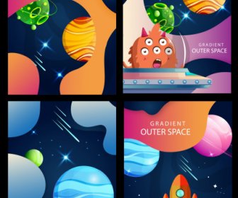 Outer Space Background Colorful Planets Spaceship Aliens Decor