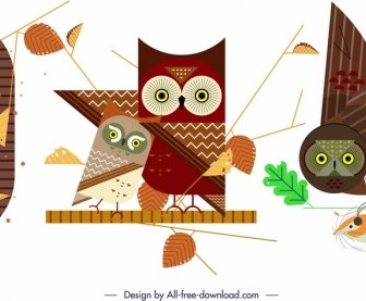 Owl Animal Icons Sets Classical Flat Sketch