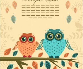 Owl Couple Background Colorful Leaves Ornament Cartoon Style
